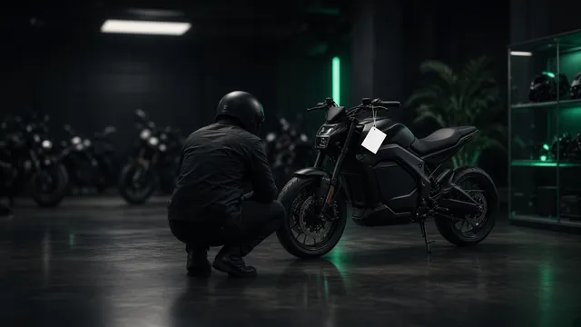 A rider inspecting an electric motorcycle with a price tag at a dealership