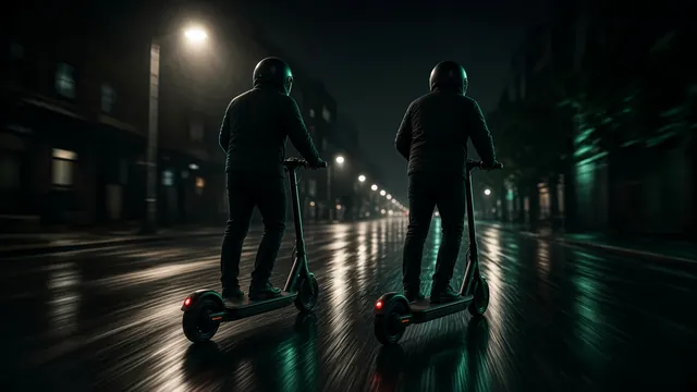 Two riders on standing electric kick scooters racing side by side down a wet city street at night