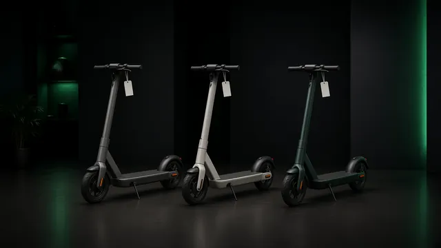 Three standing electric kick scooters lined up with blank price tags for comparison