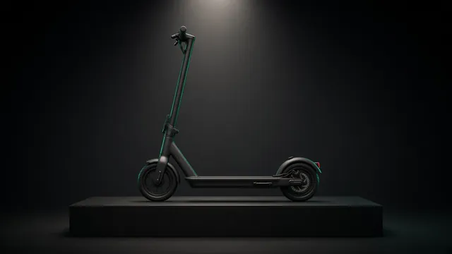 A new standing electric kick scooter on a pedestal under a spotlight