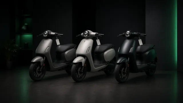 Three seated electric moped scooters lined up with blank price tags for comparison